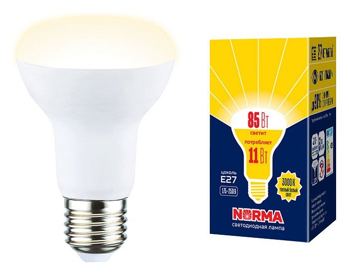 Лампочка светодиодная Volpe LED-R63-11W/3000K/E27/FR/NR картон. 