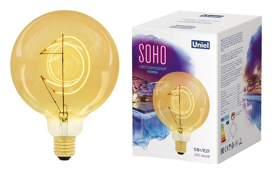 Лампа светодиодная филаментная (UL-00007625) Uniel E27 5W 2250K золотая LED-SF02-5W/SOHO/E27/CW GOLDEN GLS77GO. 