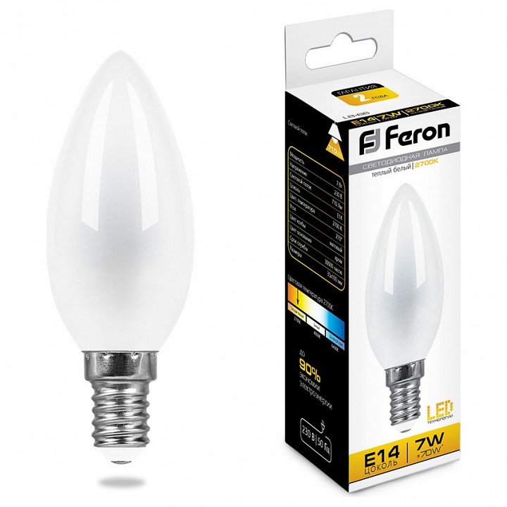 Лампа светодиодная Feron E14 7W 2700K Свеча Матовая LB-66 25785. 