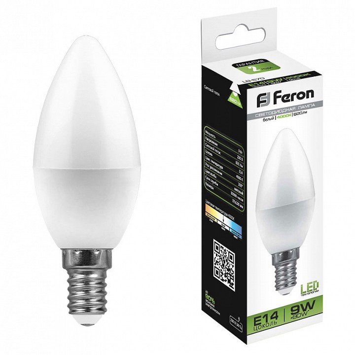 Лампа светодиодная Feron E14 9W 4000K Свеча Матовая LB-570 25799. 
