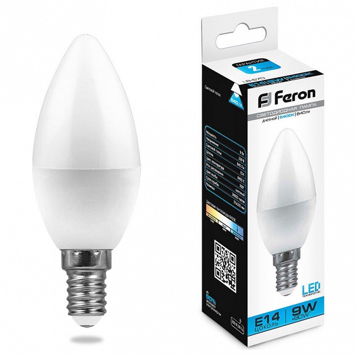 Лампа светодиодная Feron E14 9W 6400K Свеча Матовая LB-570 25800. 