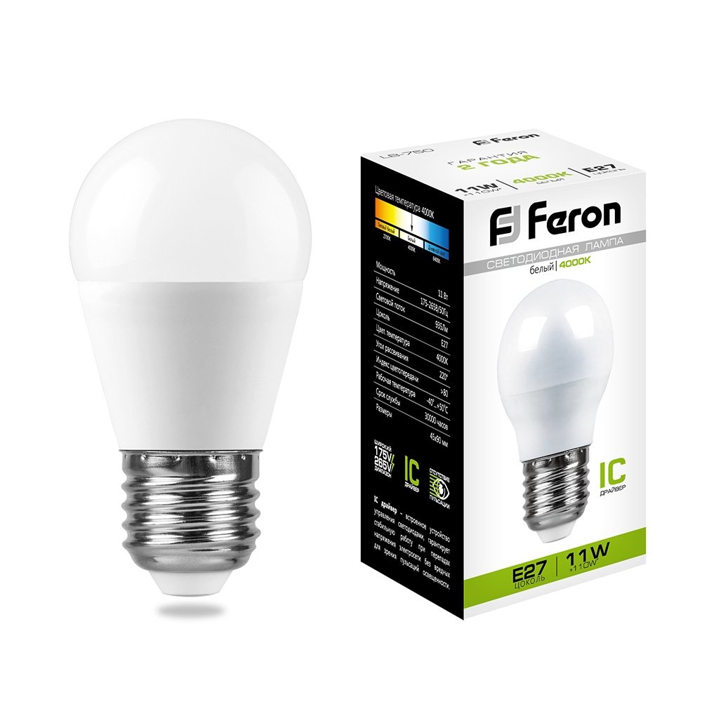 Лампа светодиодная Feron E27 11W 4000K Шар Матовая LB-750 25950. 