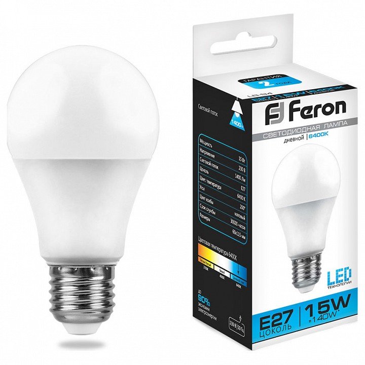 Лампа светодиодная Feron E27 15W 6400K Шар Матовая LB-94 25630. 