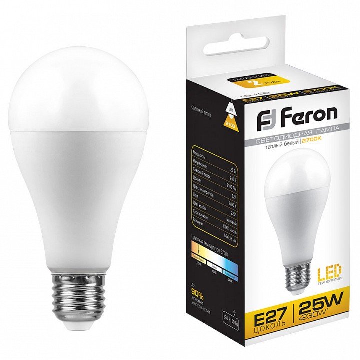 Лампа светодиодная Feron E27 25W 2700K Шар Матовая LB-100 25790. 