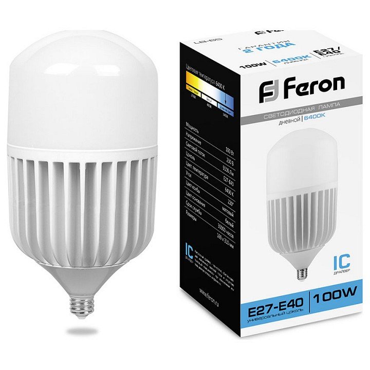 Лампа светодиодная Feron E27-E40 100W 6400K Цилиндр Матовая LB-65 25827. 