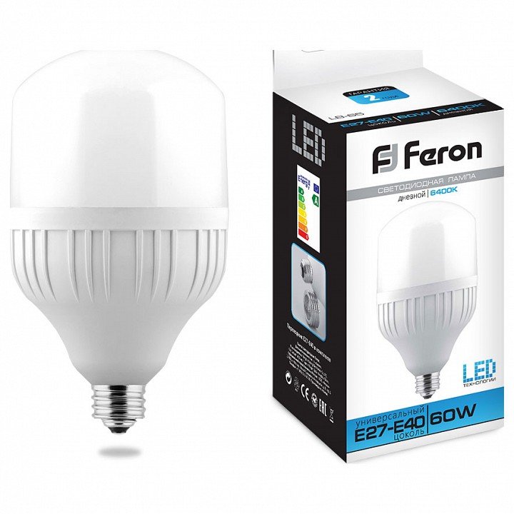 Лампа светодиодная Feron E27-E40 60W 6400K Цилиндр Матовая LB-65 25782. 