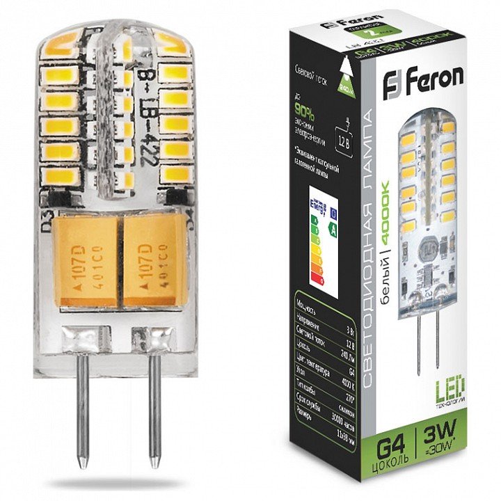 Лампа светодиодная Feron G4 3W 4000K прозрачная LB-422 G4 3W 4000K 25532. 