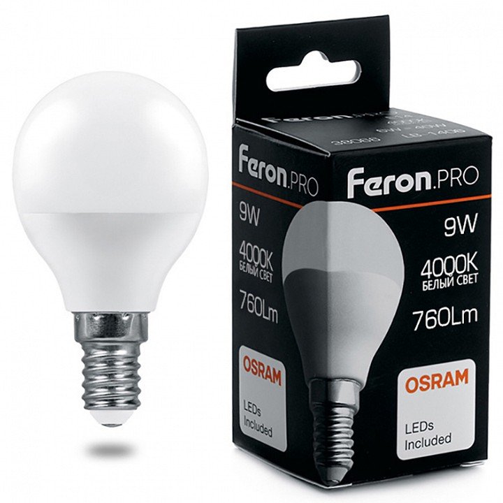 Лампа светодиодная Feron Pro E14 9W 4000K матовая LB-1409 38078. 