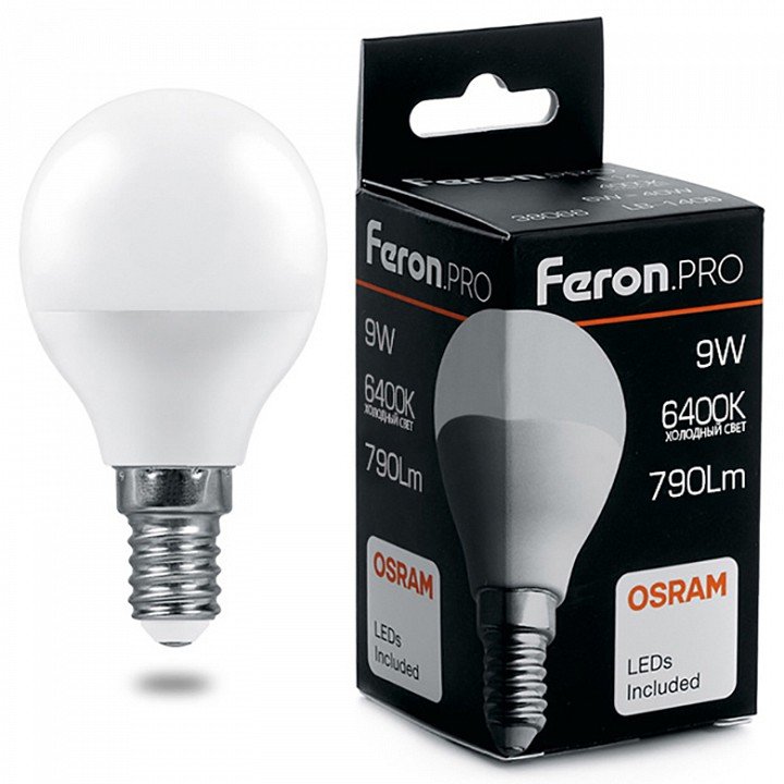 Лампа светодиодная Feron Pro E14 9W 6400K матовая LB-1409 38079. 