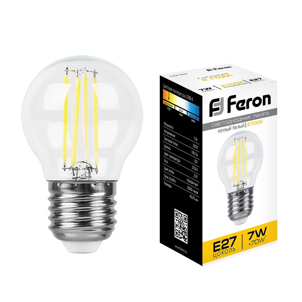 Лампа светодиодная филаментная Feron E27 7W 2700K Шар Прозрачная LB-52 25876. 