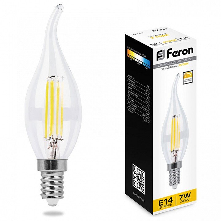 Лампа светодиодная филаментнаядиммируемая Feron E14 7W 2700K Свеча на ветру Прозрачная LB-167 25872. 