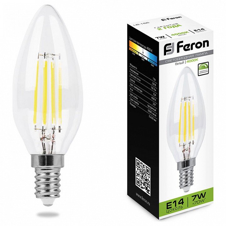 Лампа светодиодная филаментнаядиммируемая Feron Е14 7W 4000K Свеча на ветру Прозрачная LB-166 25871. 