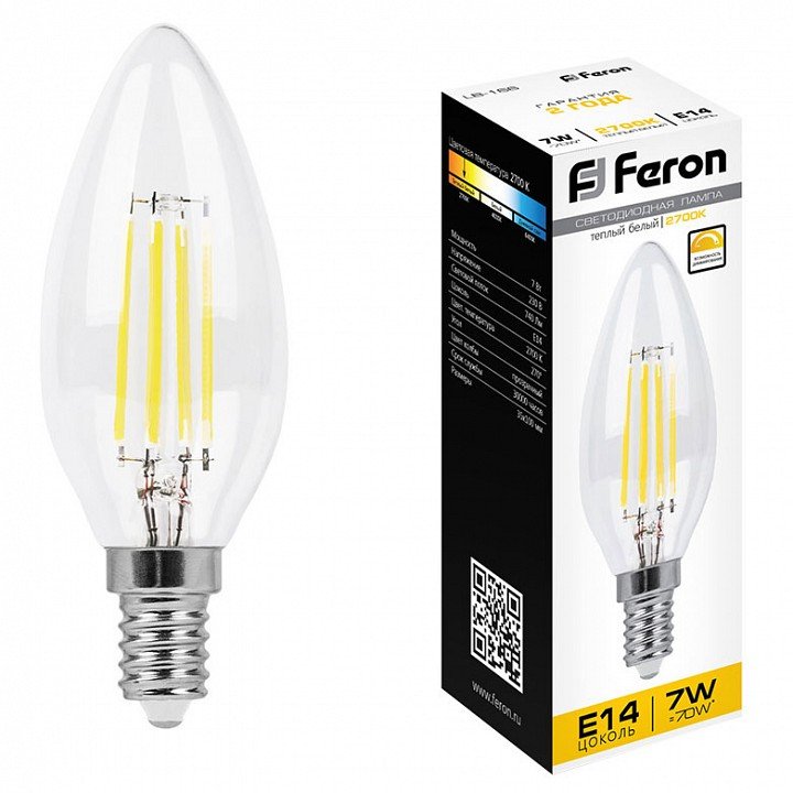 Лампа светодиодная диммируемая филаментная Feron E14 7W 2700K прозрачная LB-166 25870. 