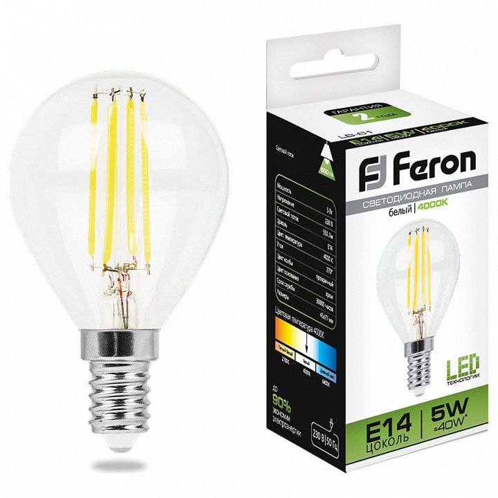 Лампа светодиодная филаментная Feron E14 5W 4000K прозрачная LB-61 25579. 