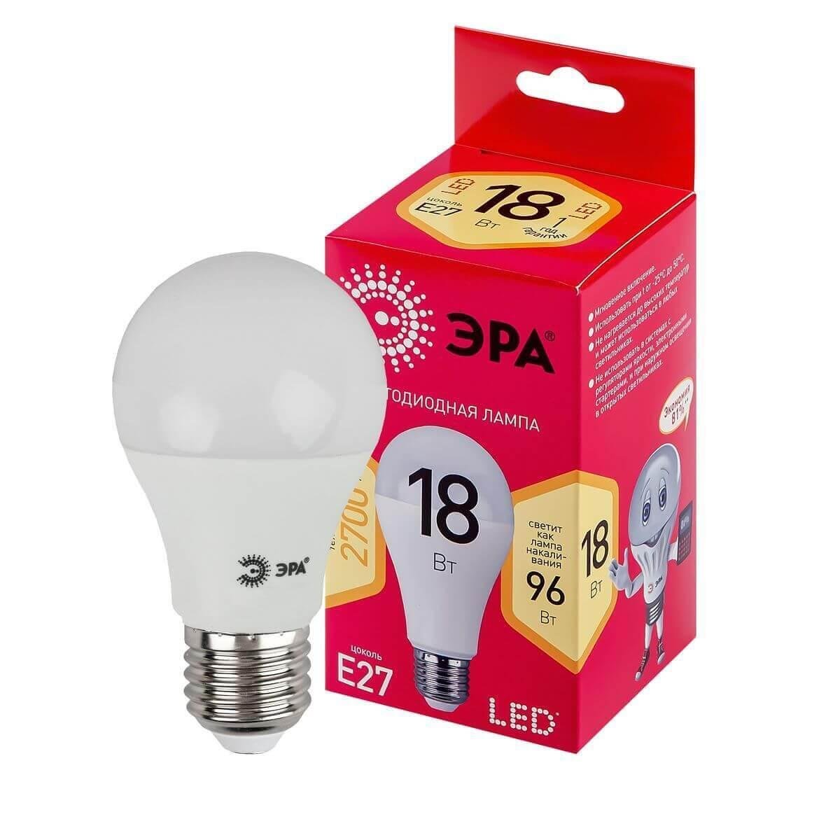 Лампа светодиодная ЭРА E27 18W 2700K матовая LED A65-18W-827-E27 R Б0051850. 