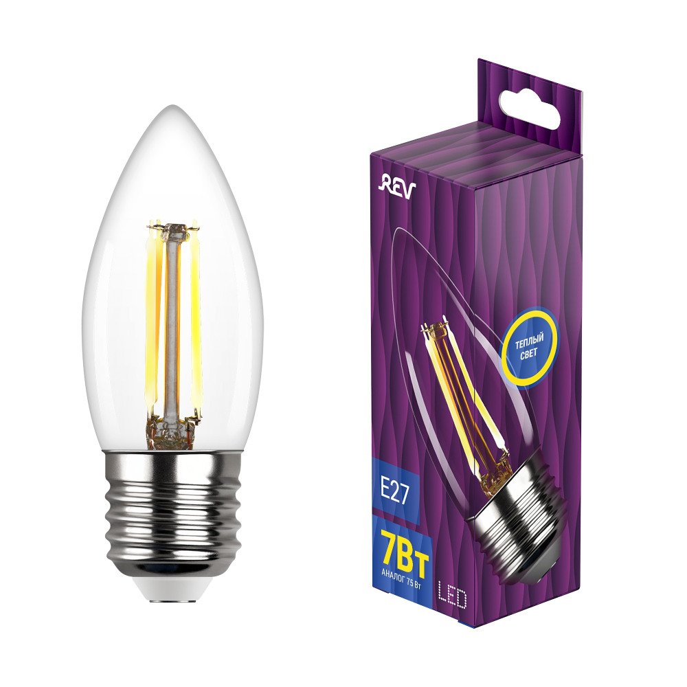 Лампа светодиодная филаментная REV C37 E27 7W DECO Premium теплый свет свеча 32425 6. 