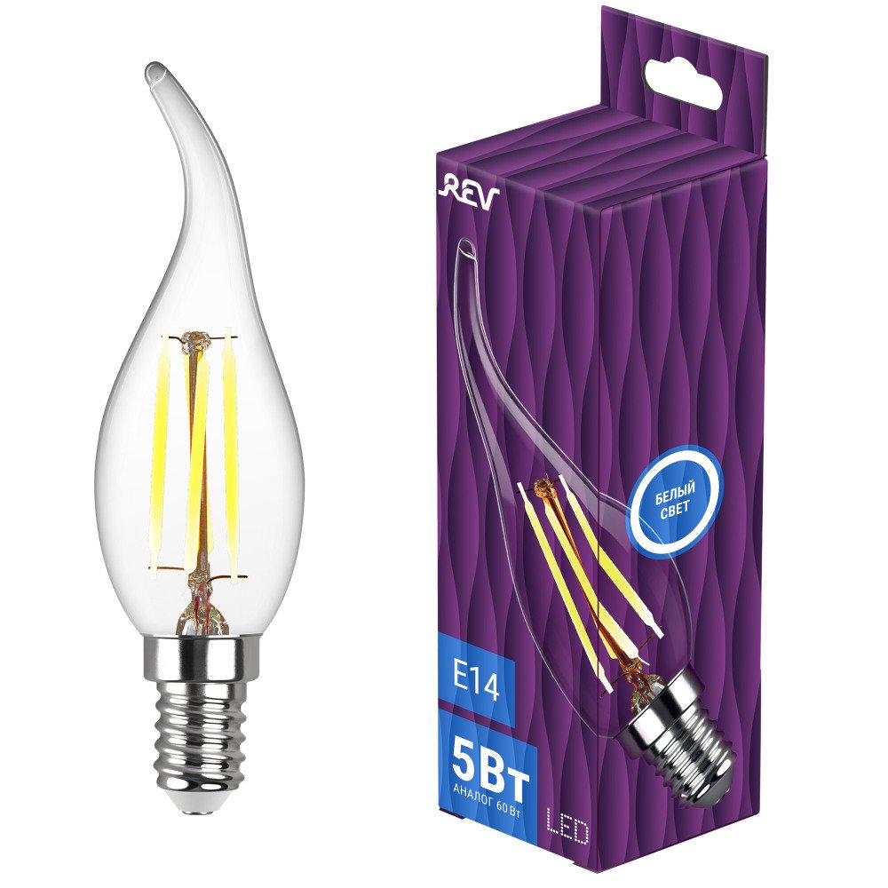 Лампа светодиодная филаментная REV FC37 E14 5W нейтральный белый свет свеча на ветру 32495 9. 