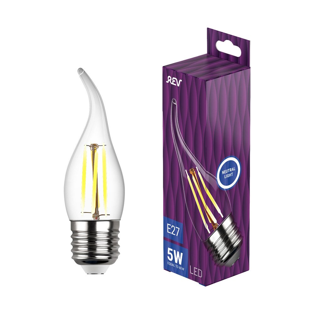 Лампа светодиодная филаментная REV FC37 E27 5W нейтральный белый свет свеча на ветру 32497 3. 