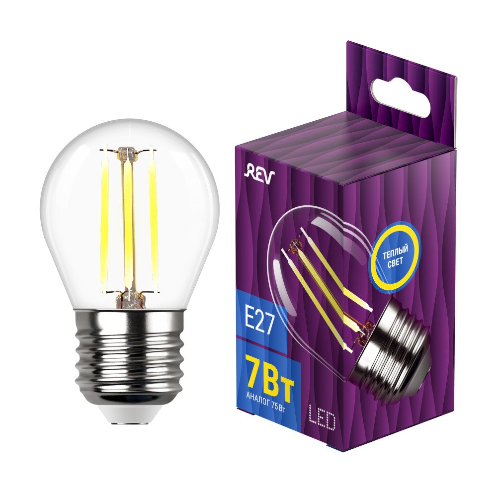 Лампа светодиодная филаментная REV G45 E27 7W 2700K DECO Premium теплый свет шар 32443 0. 