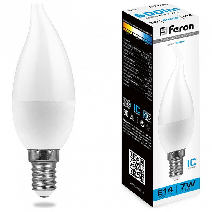 Лампа светодиодная Feron E14 9W 6400K матовая LB-570 38136. 