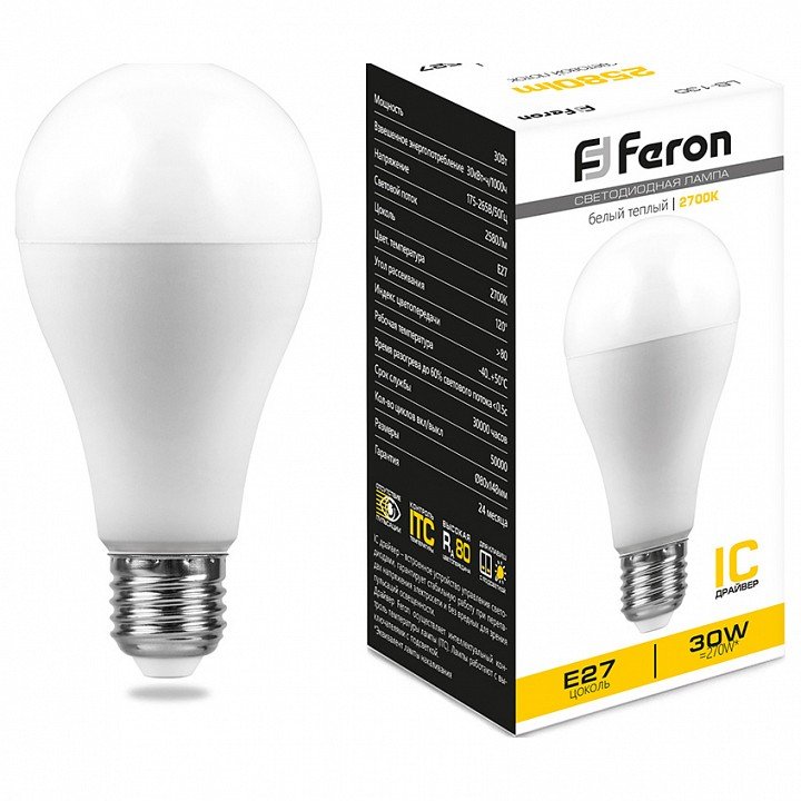 Лампа светодиодная Feron E27 30W 2700K матовая LB-130 38194. 