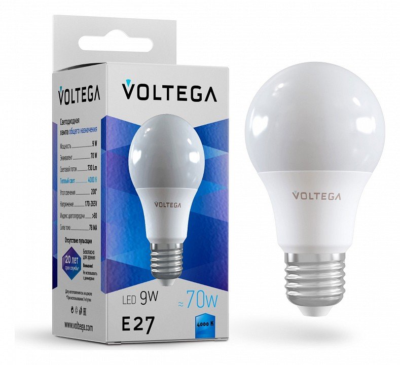 Лампа светодиодная Voltega Simple E27 9Вт 4000K VG2-A2E27cold9W. 