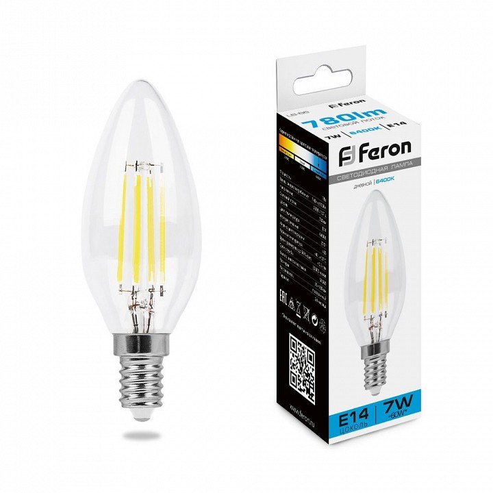 Лампа светодиодная филаментная Feron E14 7W 6400K прозрачная LB-66 38227. 