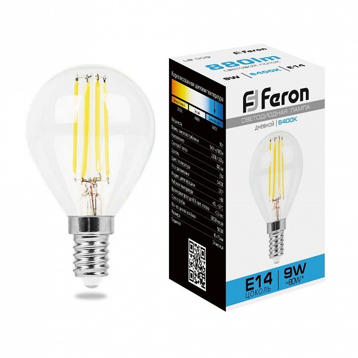 Лампа светодиодная филаментная Feron E14 9W 6400K прозрачная LB-509 38223. 