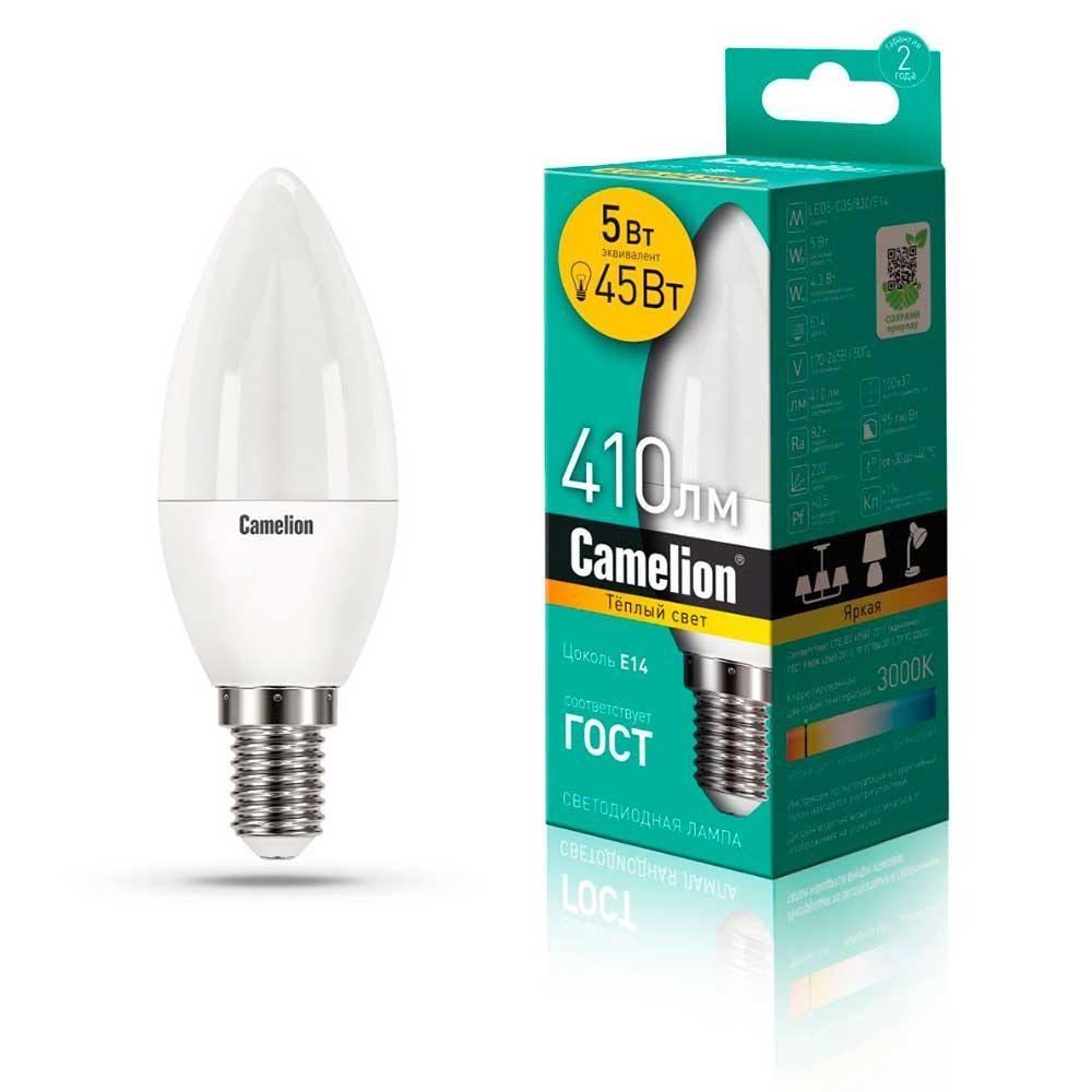 Лампа светодиодная Camelion E14 5W 3000K LED5-C35/830/E14 12031. 