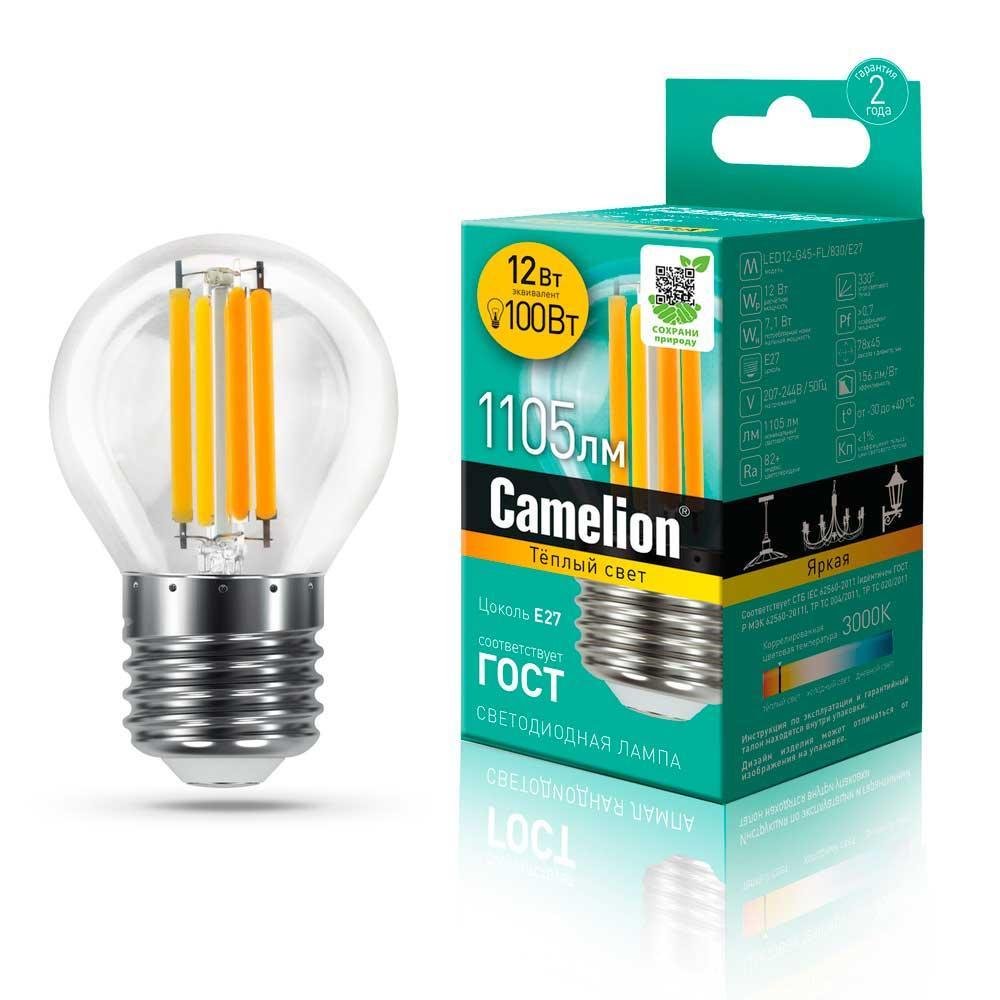 Лампа светодиодная Camelion E27 12W 3000K LED12-G45-FL/830/E27 13714. 