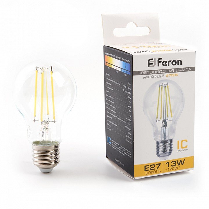 Лампа светодиодная филаментная Feron E27 13W 2700K прозрачная LB-613 38239. 