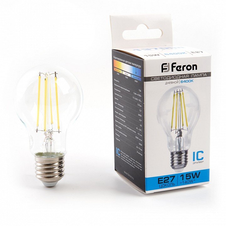Лампа светодиодная филаментная Feron E27 15W 6400K прозрачная LB-615 48284. 