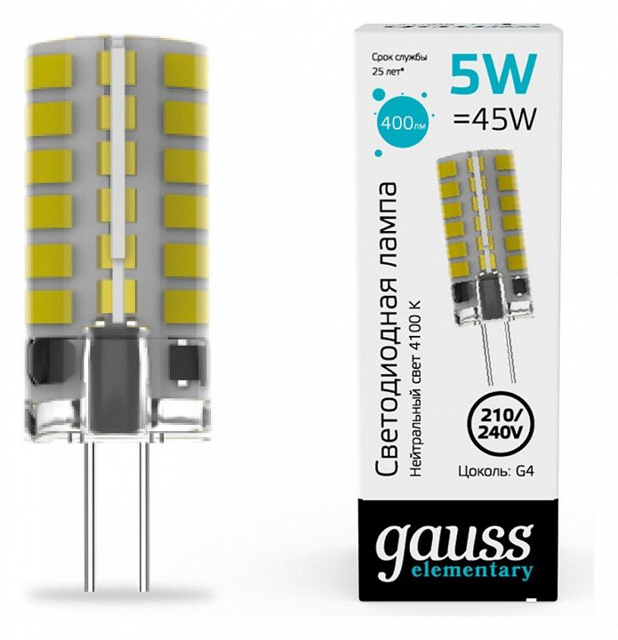 Лампа cветодиодная Gauss G4 5W 4100K прозрачная 18025. 